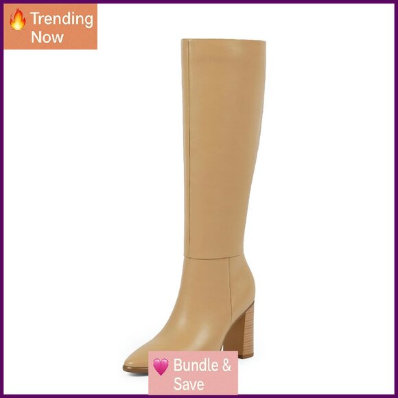 Knee High Boots Pointed Toe Chunky Heel Side Zipper Tall Fall Boots